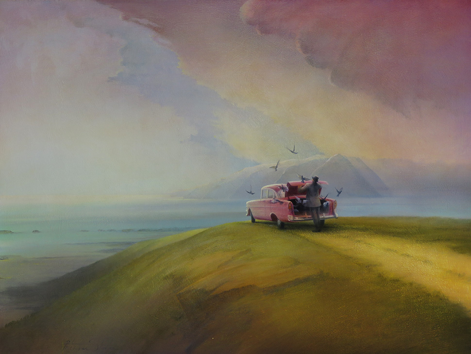 A man opens his car boot to release a flock of birds.